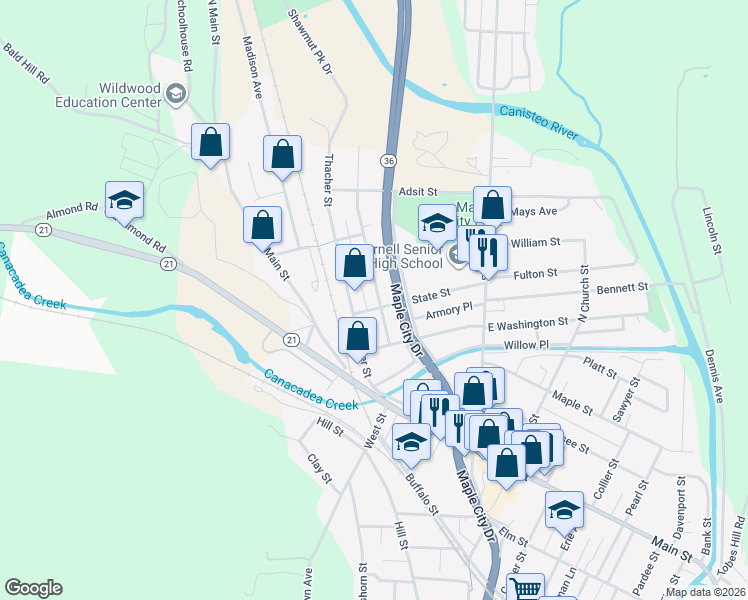 map of restaurants, bars, coffee shops, grocery stores, and more near 139 Hornell Street in Hornell