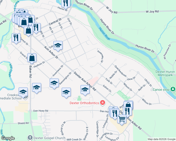 map of restaurants, bars, coffee shops, grocery stores, and more near 7530 Lake Street in Dexter