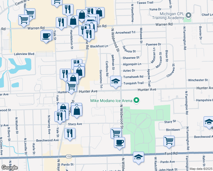 map of restaurants, bars, coffee shops, grocery stores, and more near 34699 Tonquish Trail in Westland