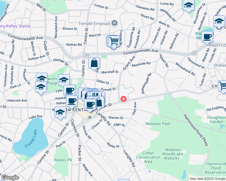 map of restaurants, bars, coffee shops, grocery stores, and more near 197 Grant Avenue in Newton