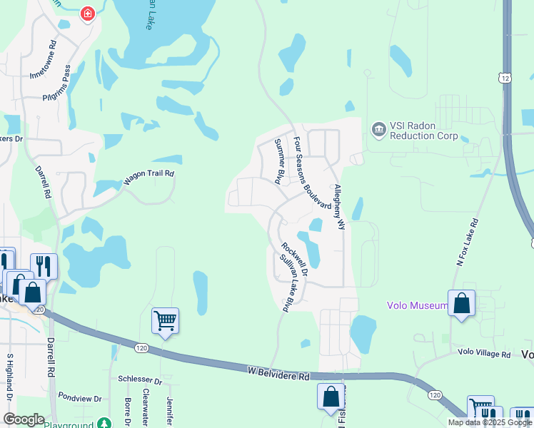 map of restaurants, bars, coffee shops, grocery stores, and more near 32176 Sullivan Lake Boulevard in McHenry