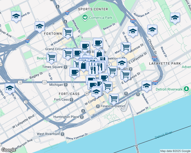map of restaurants, bars, coffee shops, grocery stores, and more near 1000 Woodward Avenue in Detroit