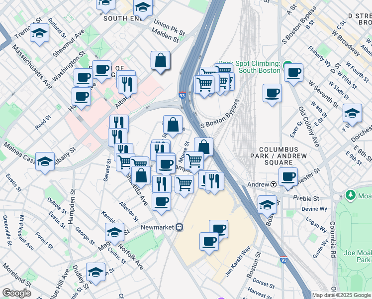 map of restaurants, bars, coffee shops, grocery stores, and more near 49 Moore Street in Boston