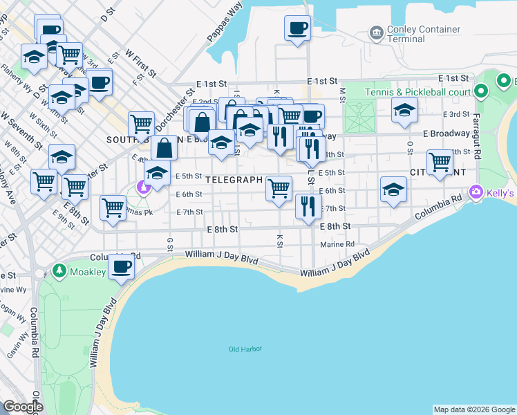 map of restaurants, bars, coffee shops, grocery stores, and more near 553 East 6th Street in Boston
