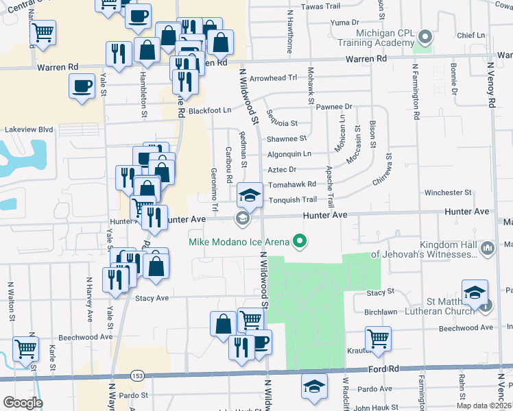 map of restaurants, bars, coffee shops, grocery stores, and more near 6636 Redman Street in Westland