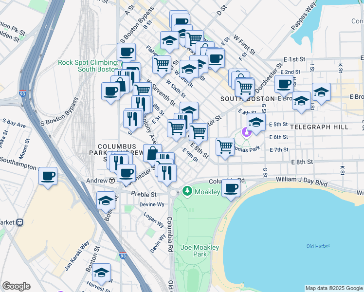 map of restaurants, bars, coffee shops, grocery stores, and more near 218 West 9th Street in Boston