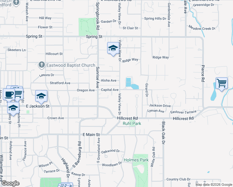 map of restaurants, bars, coffee shops, grocery stores, and more near 2301 Capital Avenue in Medford