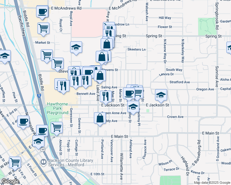 map of restaurants, bars, coffee shops, grocery stores, and more near 503 Mae Street in Medford