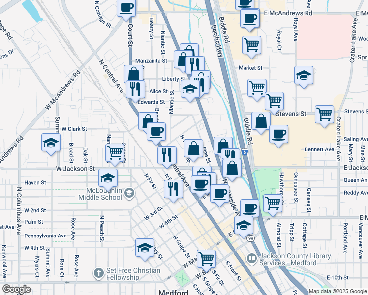 map of restaurants, bars, coffee shops, grocery stores, and more near 608 North Bartlett Street in Medford