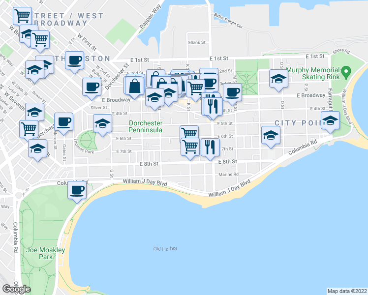 map of restaurants, bars, coffee shops, grocery stores, and more near 553 East 6th Street in Boston