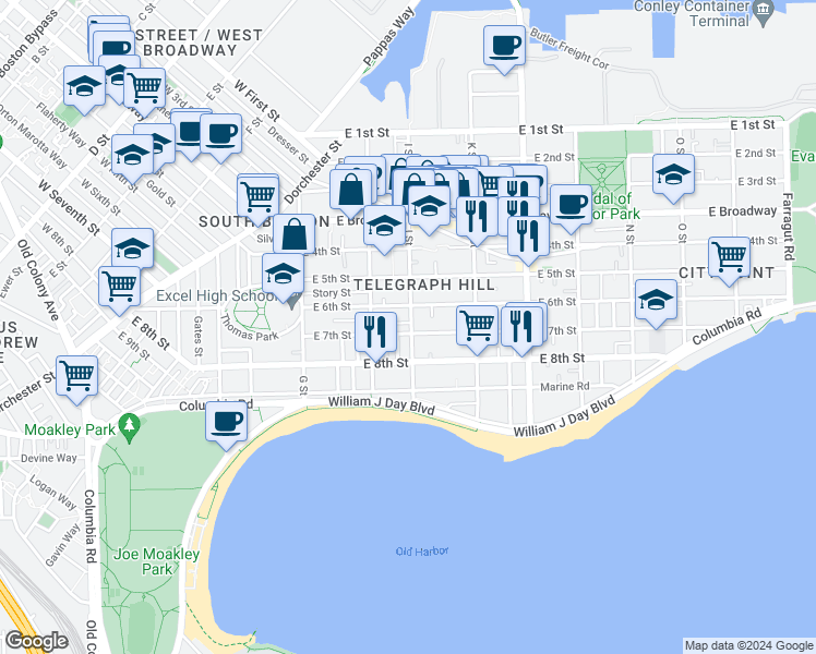 map of restaurants, bars, coffee shops, grocery stores, and more near 151 I Street in Boston