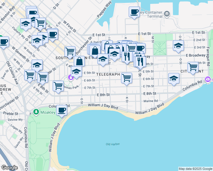 map of restaurants, bars, coffee shops, grocery stores, and more near 151 I Street in Boston