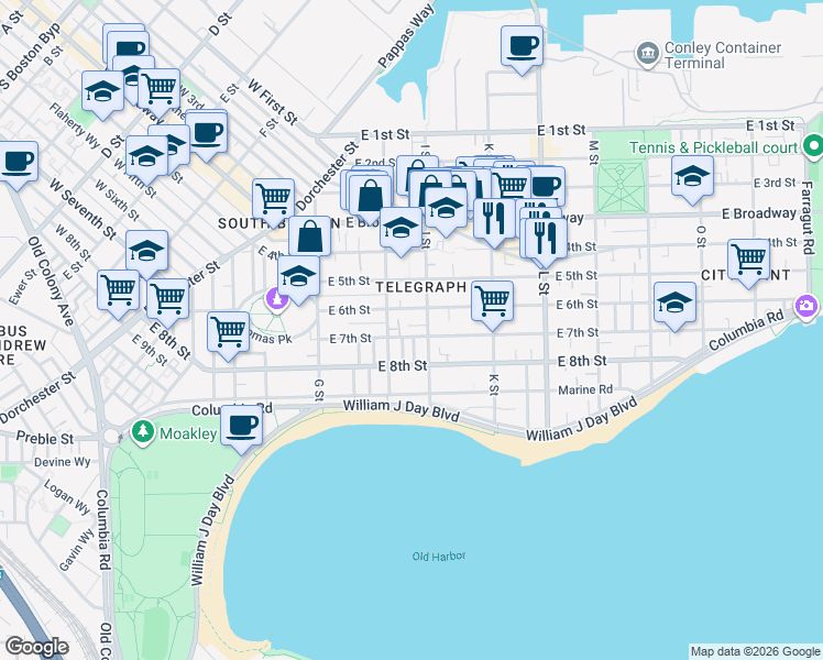 map of restaurants, bars, coffee shops, grocery stores, and more near 151 I Street in Boston