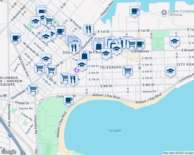 map of restaurants, bars, coffee shops, grocery stores, and more near 434 East 6th Street in Boston