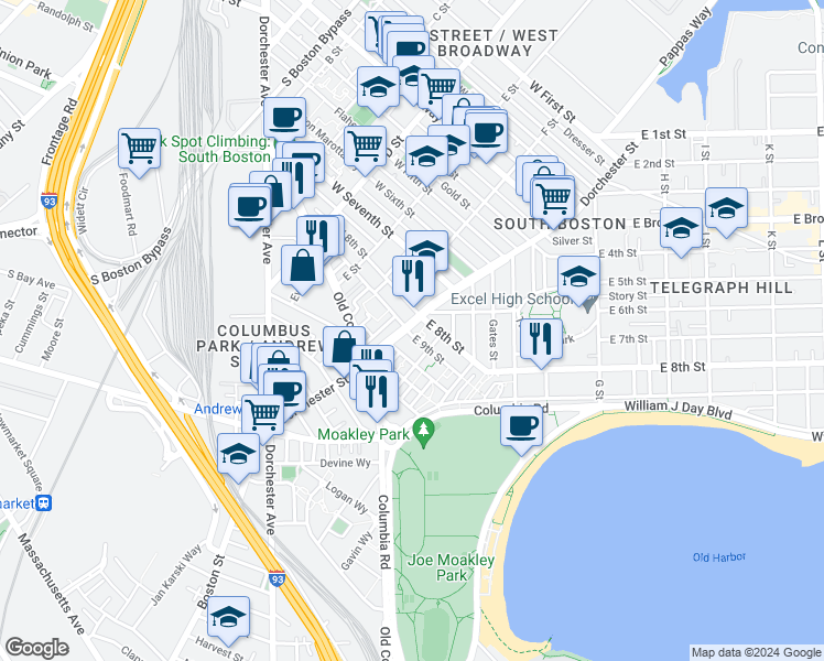 map of restaurants, bars, coffee shops, grocery stores, and more near 218 West 9th Street in Boston