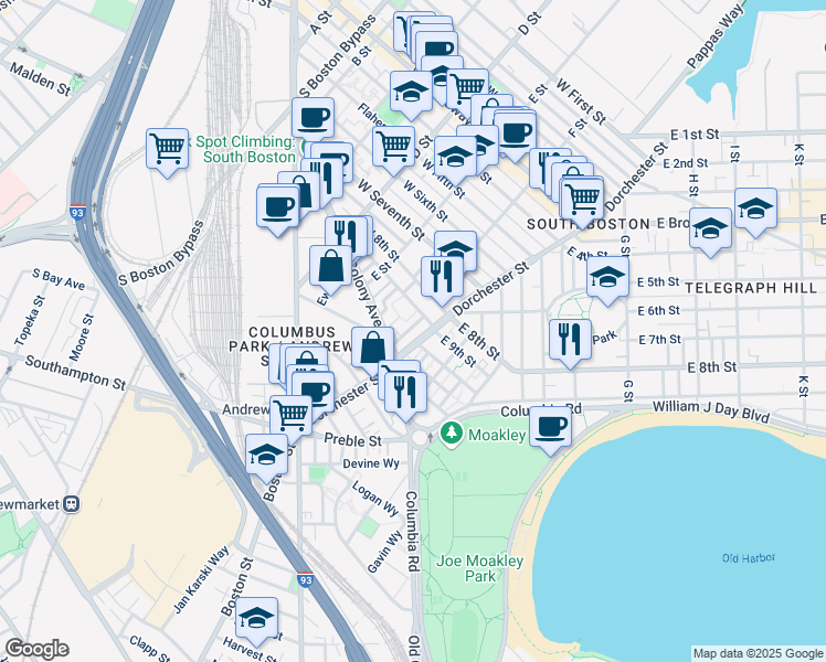 map of restaurants, bars, coffee shops, grocery stores, and more near 218 West 9th Street in Boston