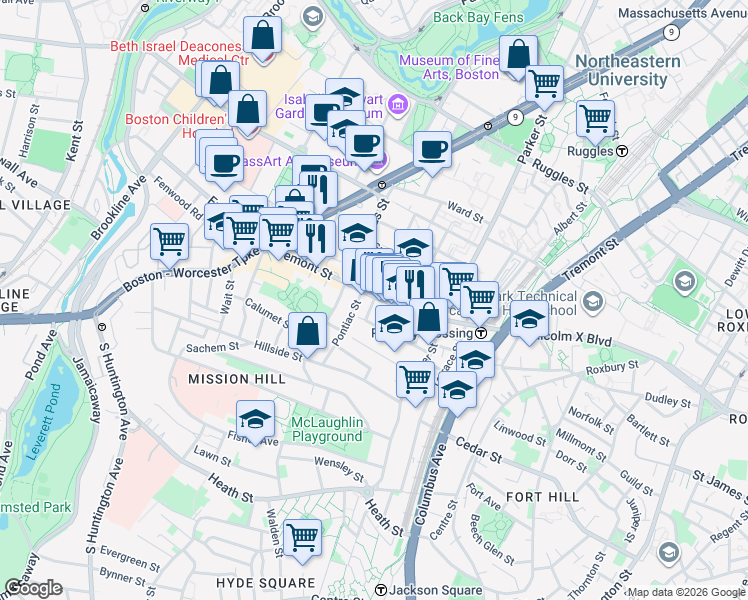 map of restaurants, bars, coffee shops, grocery stores, and more near 1545 Tremont Street in Boston