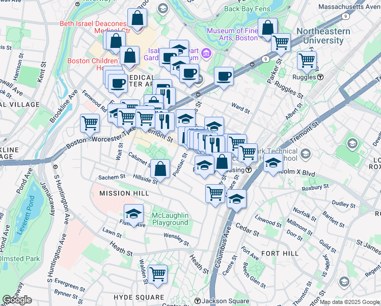map of restaurants, bars, coffee shops, grocery stores, and more near 1545 Tremont Street in Boston