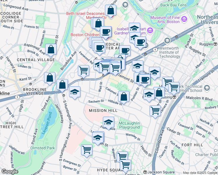 map of restaurants, bars, coffee shops, grocery stores, and more near 25 Calumet Street in Boston