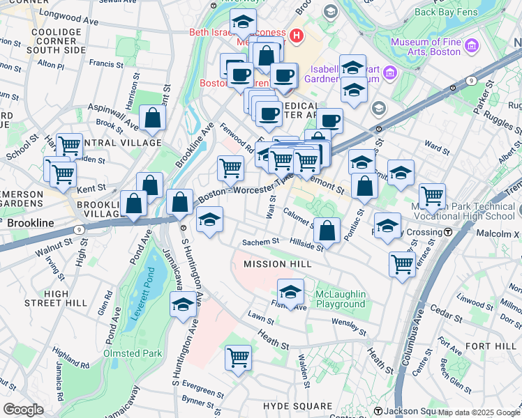 map of restaurants, bars, coffee shops, grocery stores, and more near 800 Huntington Avenue in Boston