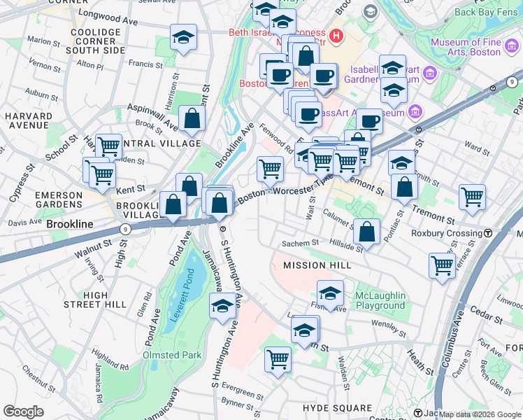 map of restaurants, bars, coffee shops, grocery stores, and more near 2 Shepherd Avenue in Boston