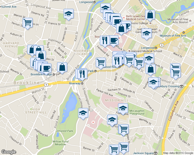 map of restaurants, bars, coffee shops, grocery stores, and more near 2 Shepherd Avenue in Boston