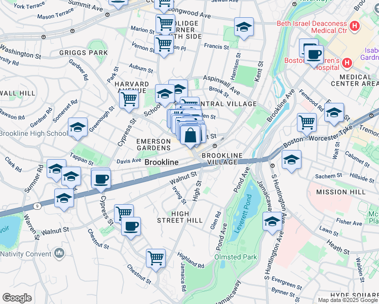 map of restaurants, bars, coffee shops, grocery stores, and more near 284 Washington Street in Brookline