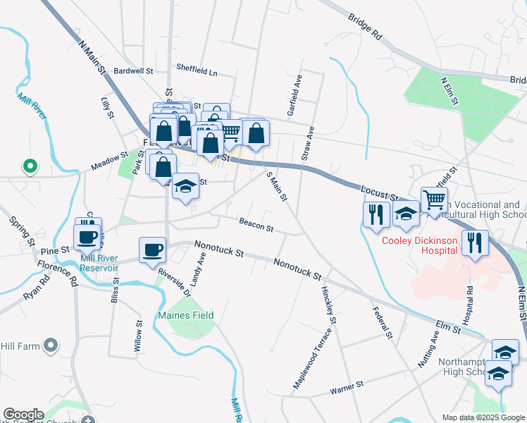 map of restaurants, bars, coffee shops, grocery stores, and more near 136 South Main Street in Northampton