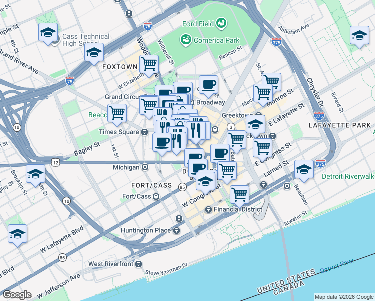map of restaurants, bars, coffee shops, grocery stores, and more near in Detroit