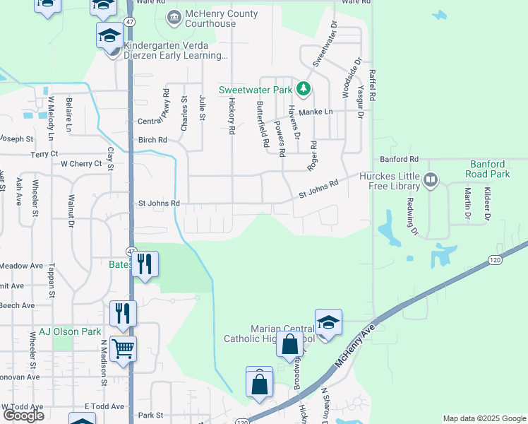 map of restaurants, bars, coffee shops, grocery stores, and more near 1601 Poplar Lane in Woodstock