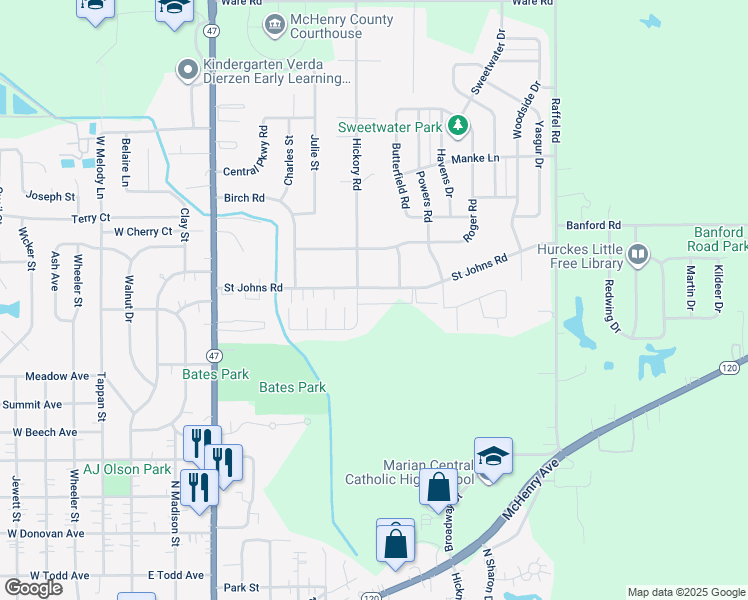 map of restaurants, bars, coffee shops, grocery stores, and more near 701 Saint Johns Road in Woodstock