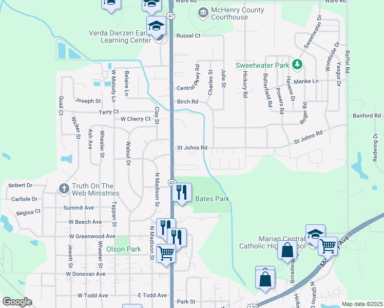 map of restaurants, bars, coffee shops, grocery stores, and more near 523 Saint Johns Road in Woodstock