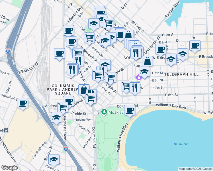 map of restaurants, bars, coffee shops, grocery stores, and more near 229 East 8th Street in Boston