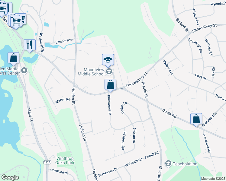 map of restaurants, bars, coffee shops, grocery stores, and more near 270 Shrewsbury Street in Holden
