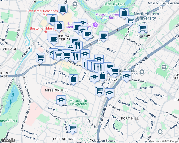 map of restaurants, bars, coffee shops, grocery stores, and more near 1545 Tremont Street in Boston