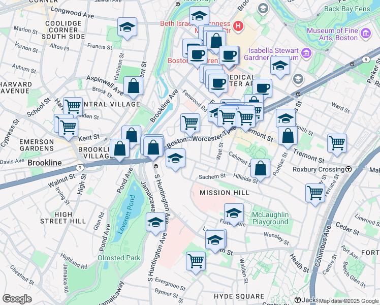 map of restaurants, bars, coffee shops, grocery stores, and more near 2 Shepherd Avenue in Boston