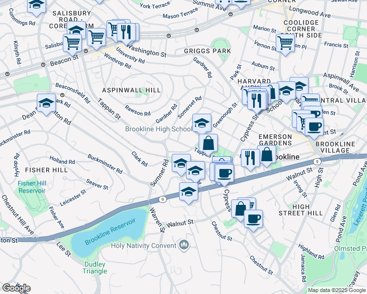 map of restaurants, bars, coffee shops, grocery stores, and more near 88 Tappan Street in Brookline