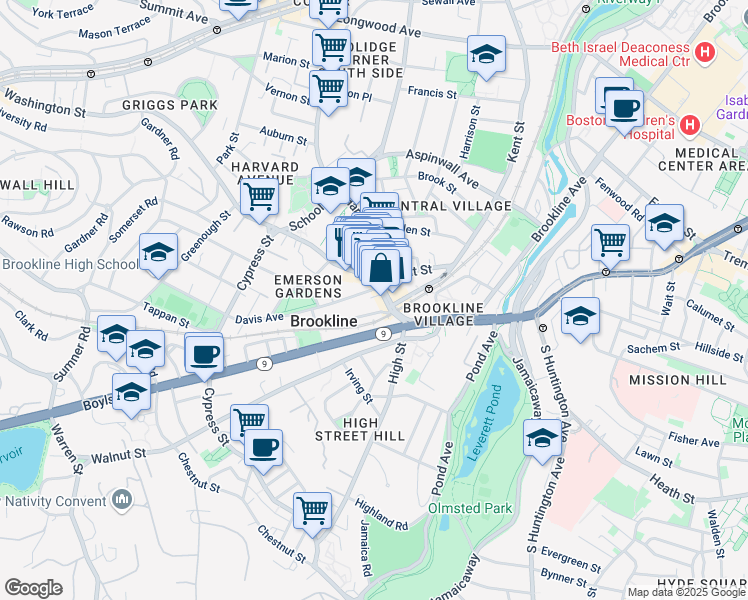map of restaurants, bars, coffee shops, grocery stores, and more near 284 Washington Street in Brookline