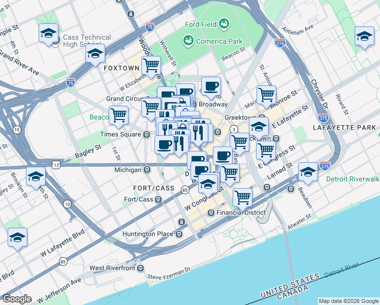 map of restaurants, bars, coffee shops, grocery stores, and more near in Detroit