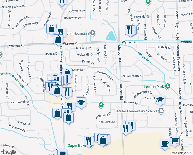 map of restaurants, bars, coffee shops, grocery stores, and more near 6871 Devonshire Drive in Canton