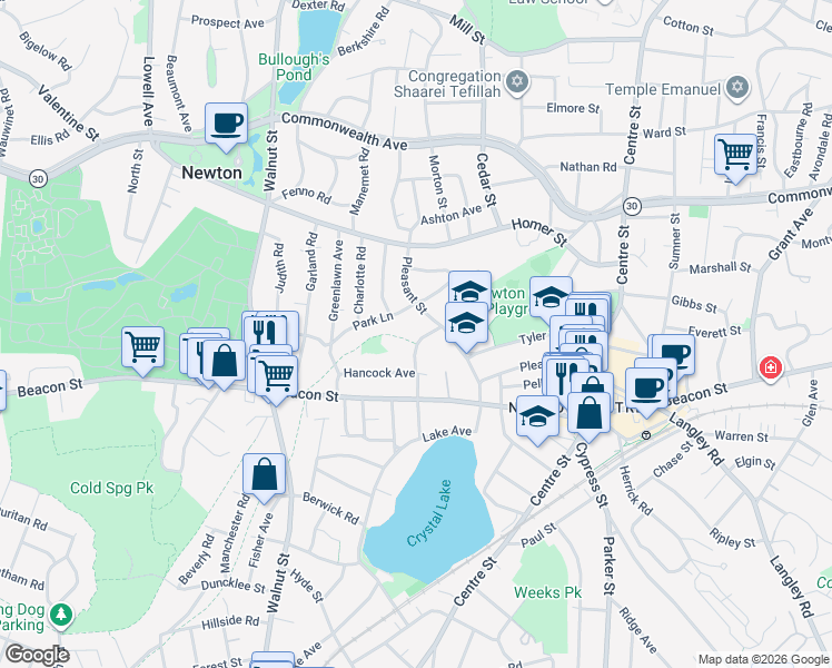 map of restaurants, bars, coffee shops, grocery stores, and more near 15 Bracebridge Road in Newton