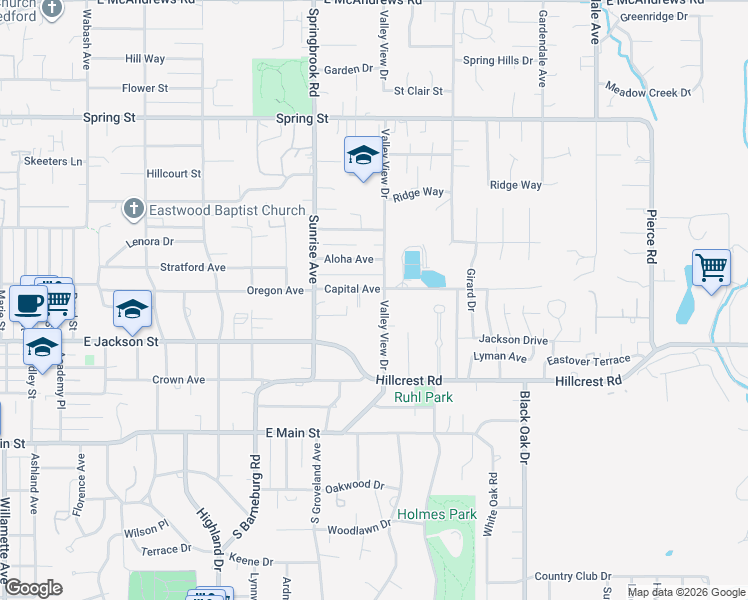 map of restaurants, bars, coffee shops, grocery stores, and more near 245 Valley View Drive in Medford
