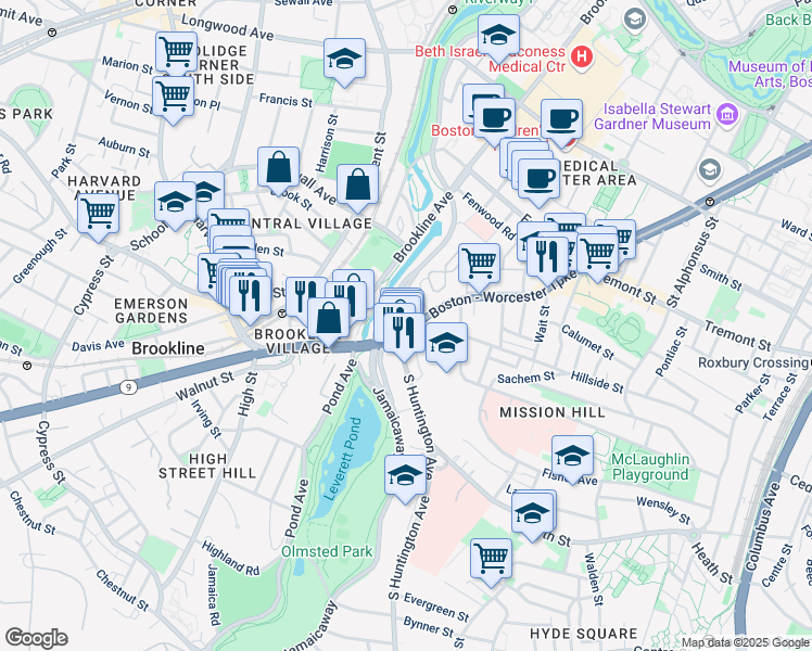 map of restaurants, bars, coffee shops, grocery stores, and more near 382 Riverway in Boston