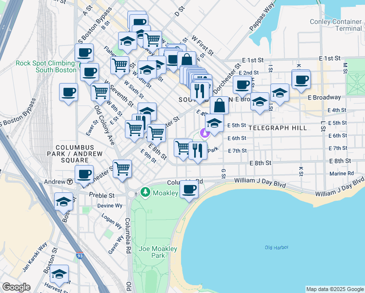 map of restaurants, bars, coffee shops, grocery stores, and more near 53 Old Harbor Street in Boston