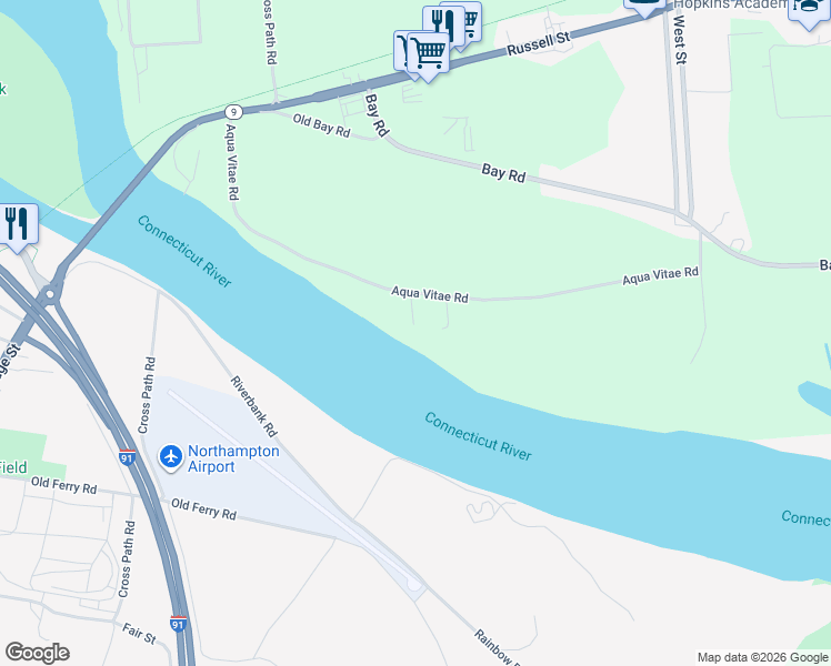 map of restaurants, bars, coffee shops, grocery stores, and more near 63 Aqua Vitae Road in Hadley