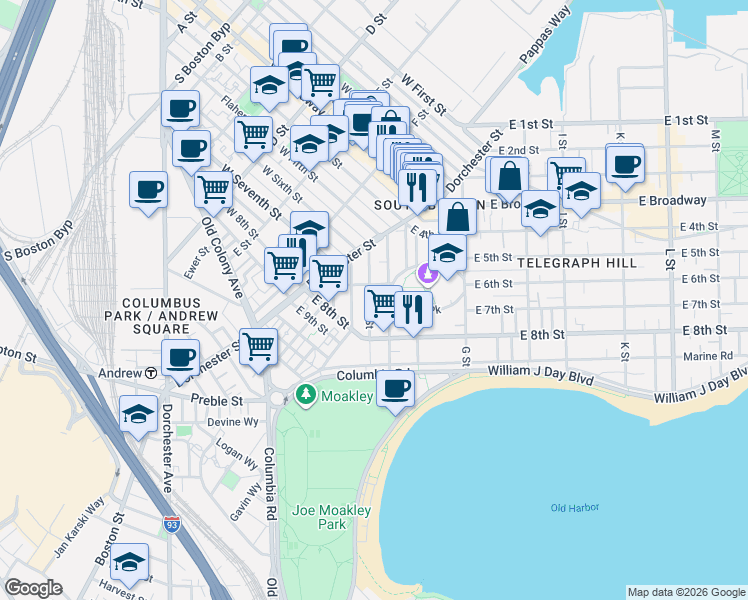 map of restaurants, bars, coffee shops, grocery stores, and more near 53 Old Harbor Street in Boston
