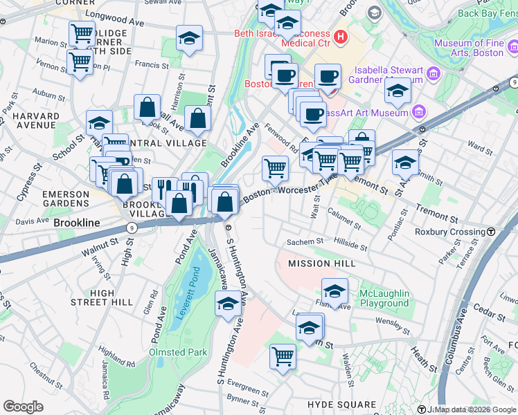 map of restaurants, bars, coffee shops, grocery stores, and more near 852 Huntington Avenue in Boston