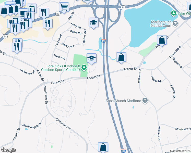 map of restaurants, bars, coffee shops, grocery stores, and more near 201 Forest Street in Marlborough