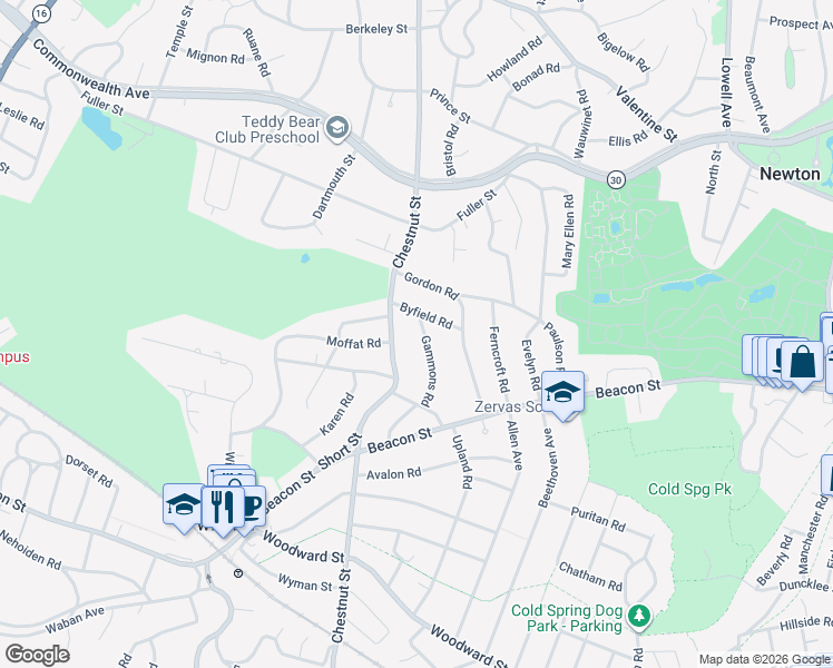 map of restaurants, bars, coffee shops, grocery stores, and more near 36 Byfield Road in Newton