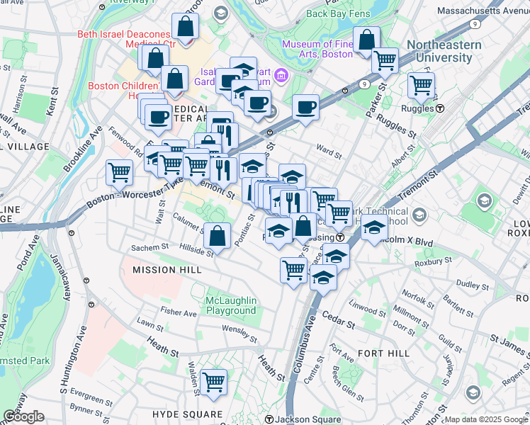 map of restaurants, bars, coffee shops, grocery stores, and more near Tremont St & Carmel St in Boston